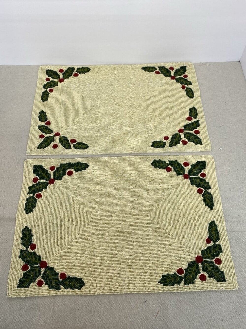 Hand Beaded Table Mats Holly Berry Design Set Of 2 By R.L.K. Leilas - Picture 2 of 4